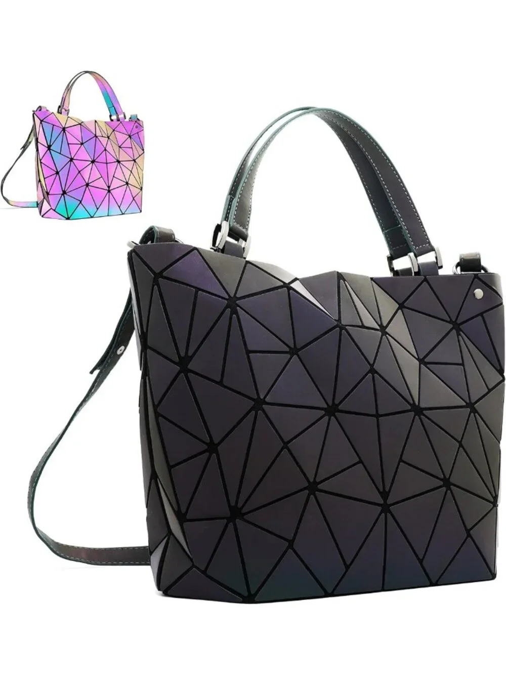 Luminous Geometric Tote Bag & Holographic Crossbody Purse - Black Iridescent
